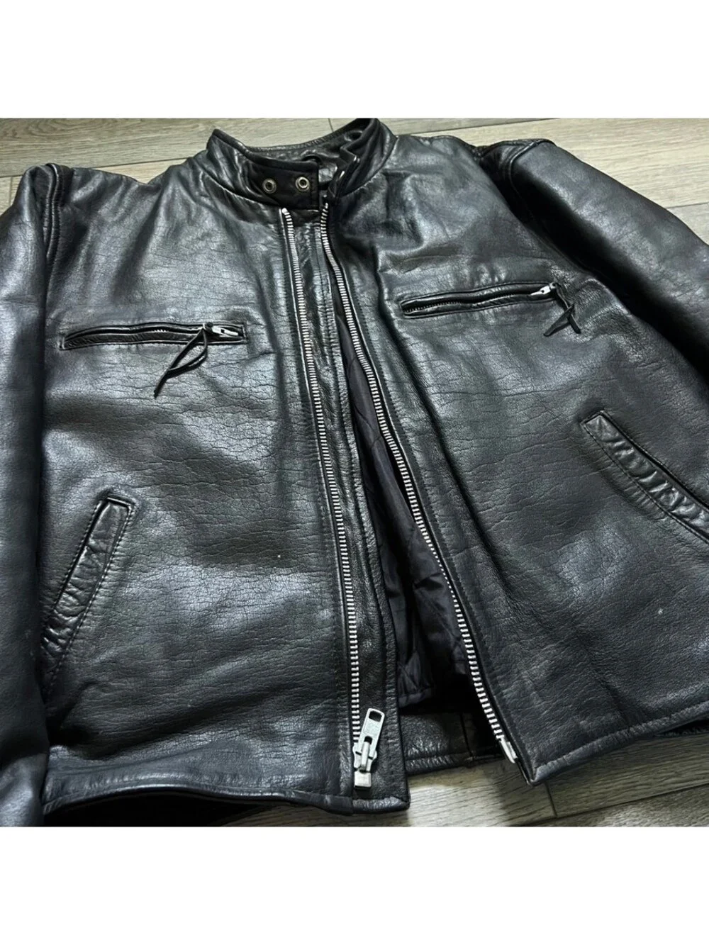 Vintage Unik Men's 48 Cafe Racer Motorcycle Jacket Black Leather Zip Pockets